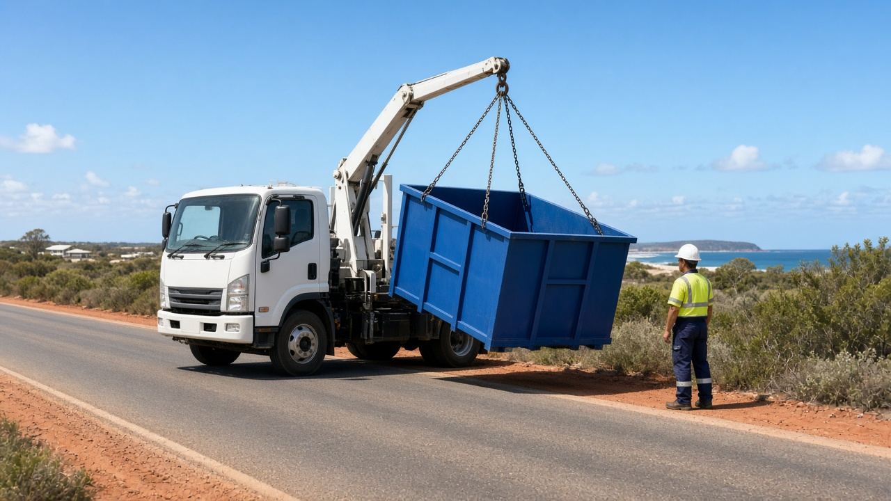Blue skip bin being lifted by chains onto a truck on a coastal road