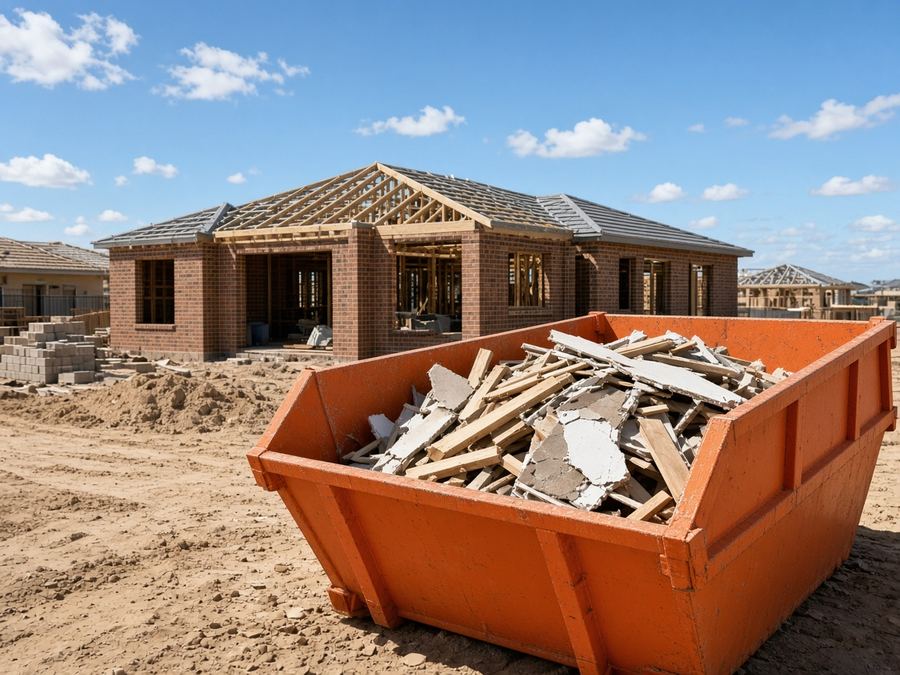 Orange skip bin on a new housing estate building site