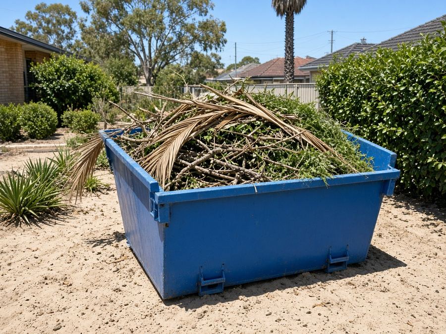 Blue skip bin filled with palm fronds after a yard clean-up