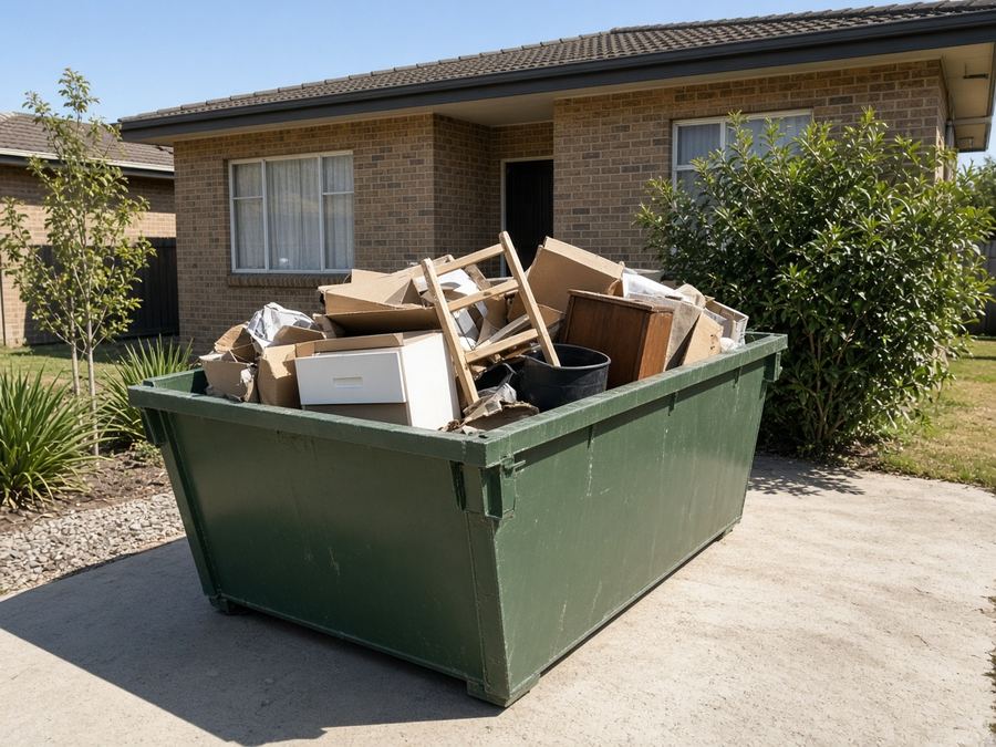 Green skip bin full of cardboard boxes during a house clean-out