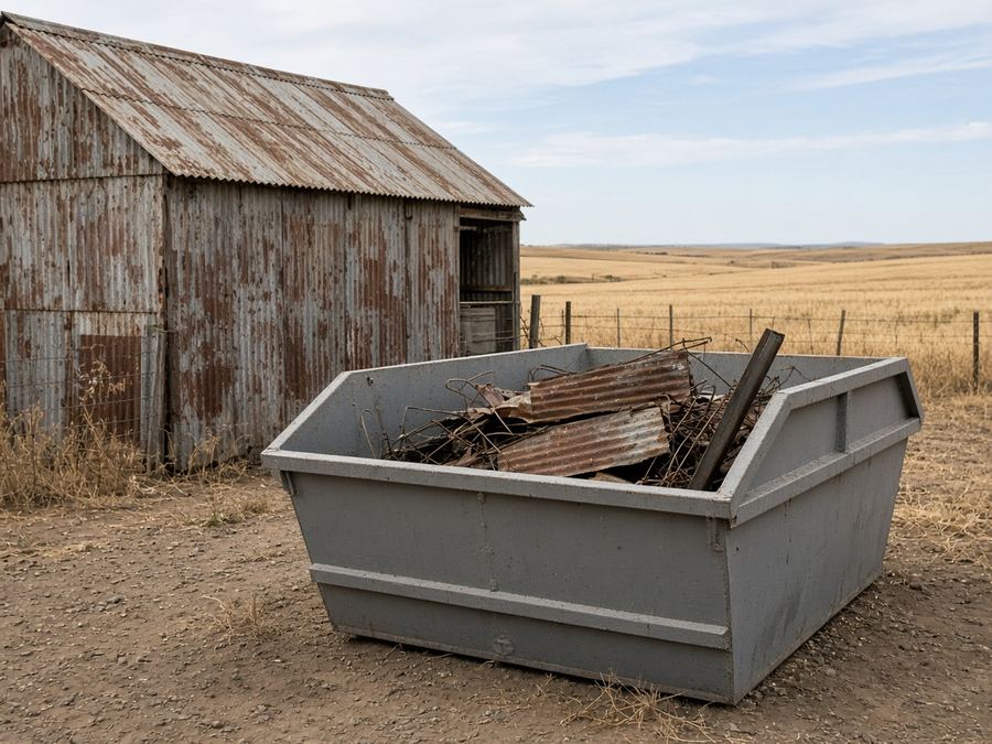 Grey skip bin beside a farm shed with rusty roofing iron
