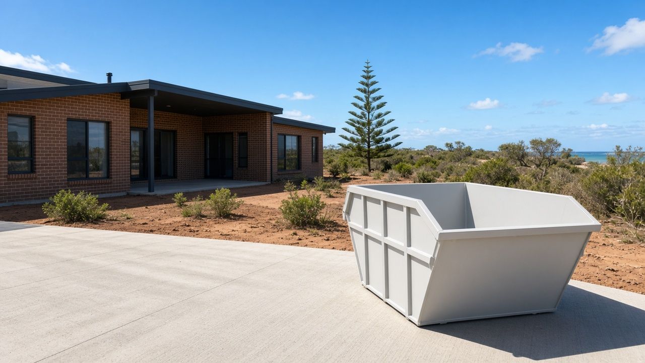 White skip bin on the driveway of a brick home with a Norfolk pine and the coast behind