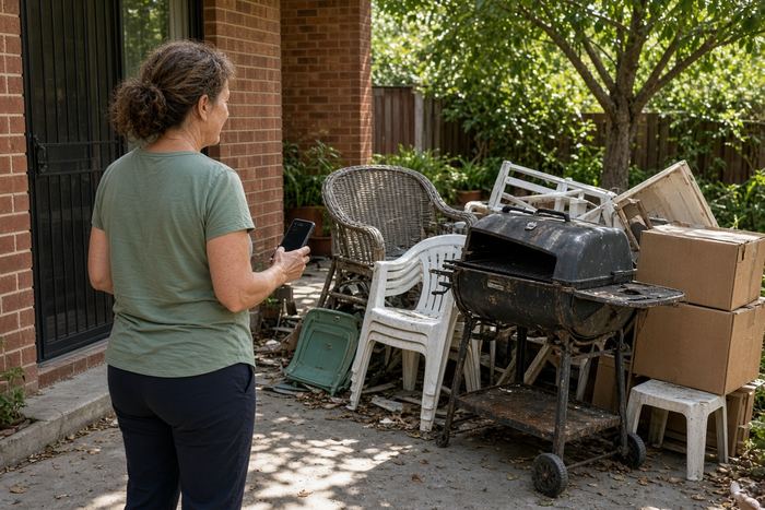 Woman on her phone in a backyard next to old outdoor furniture and a barbecue