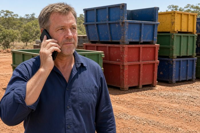 Skip bin operator on the phone in a yard with coloured skips stacked behind