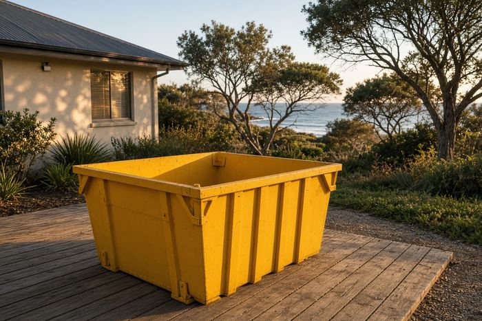 Yellow skip bin on timber decking with the ocean in the background